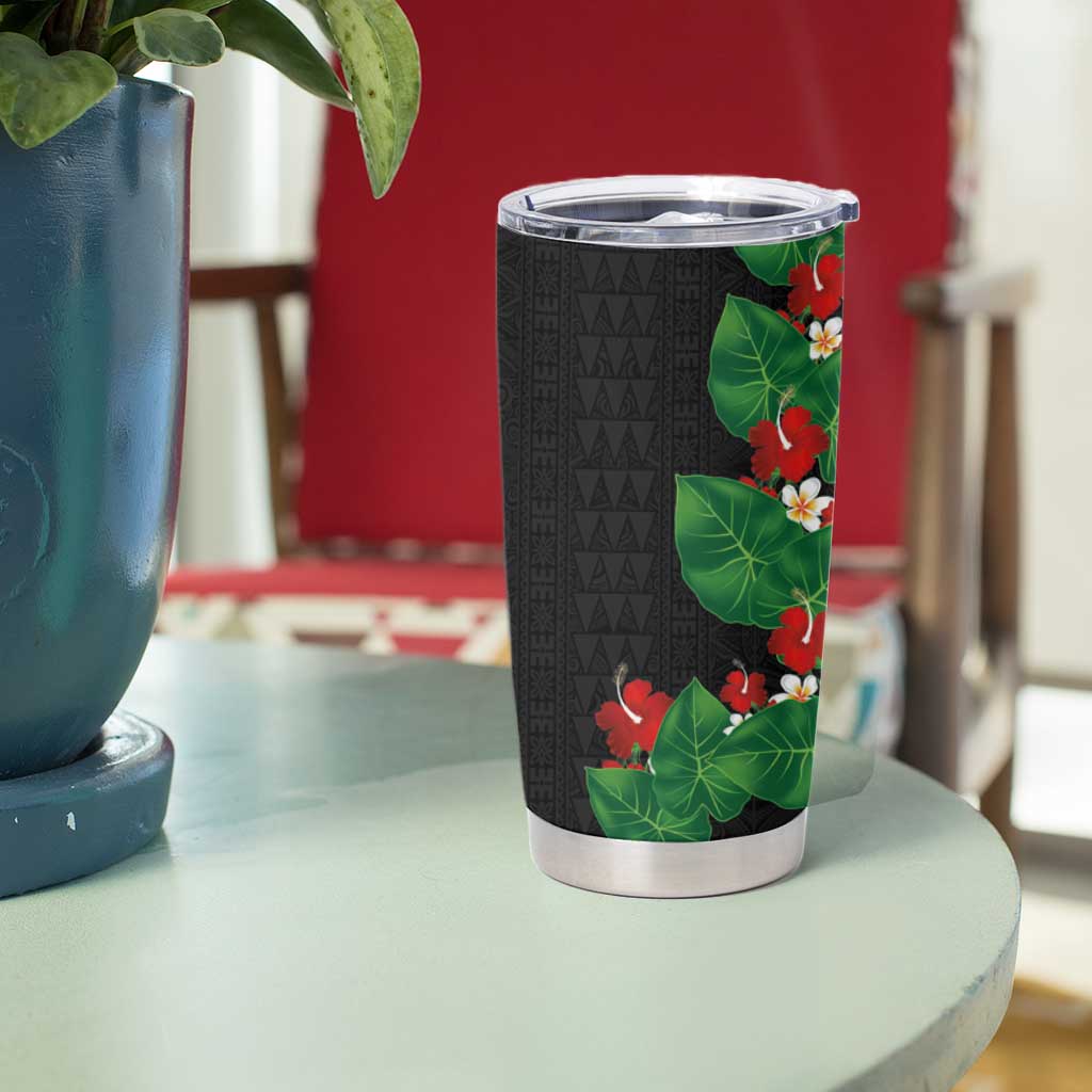 Hawaiian Taro Leaves-Hibiscus and Plumeria Tumbler Cup Polynesian Art-Kakau Tattoo Black LT03 - Polynesian Pride