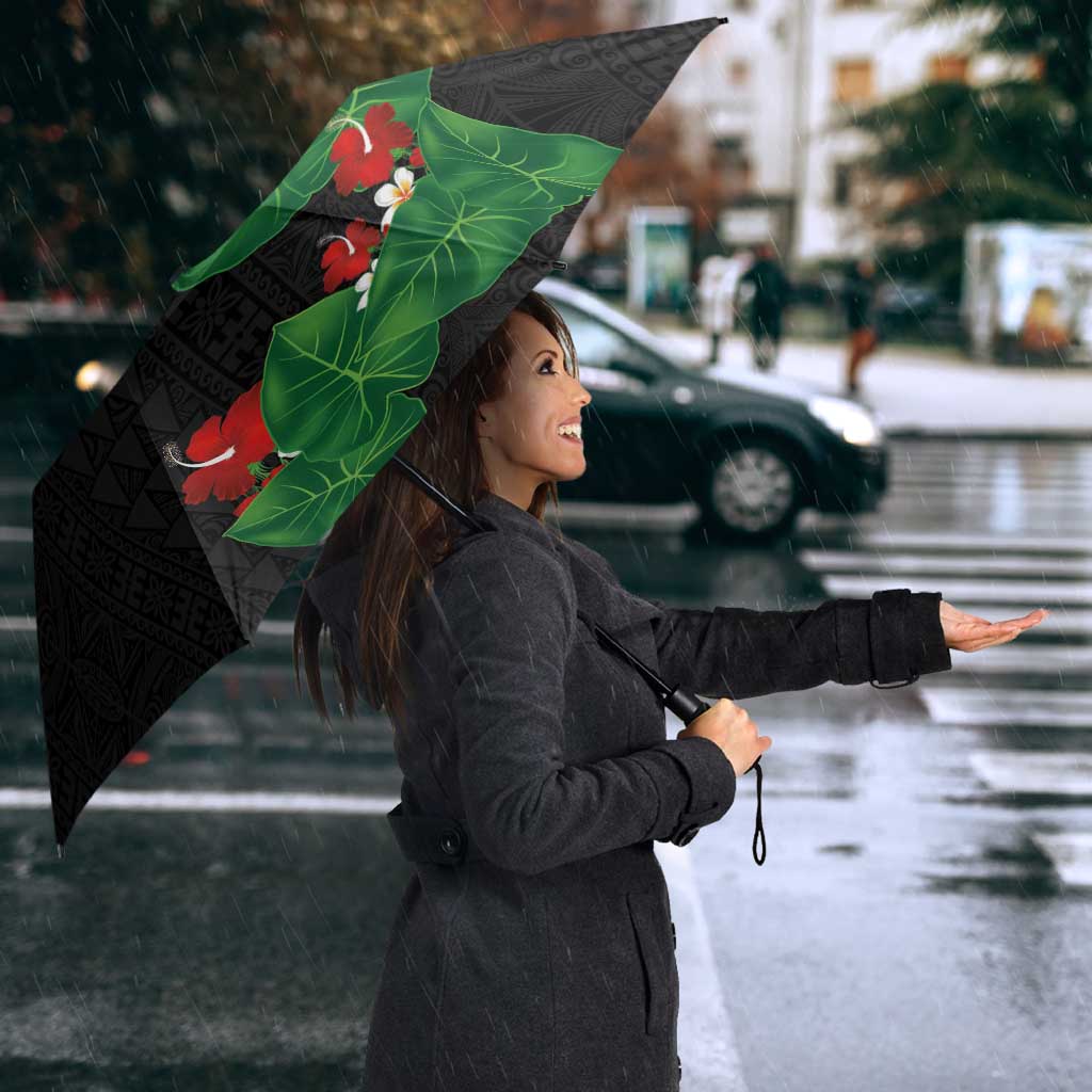 Hawaiian Taro Leaves-Hibiscus and Plumeria Umbrella Polynesian Art-Kakau Tattoo Black LT03 - Polynesian Pride