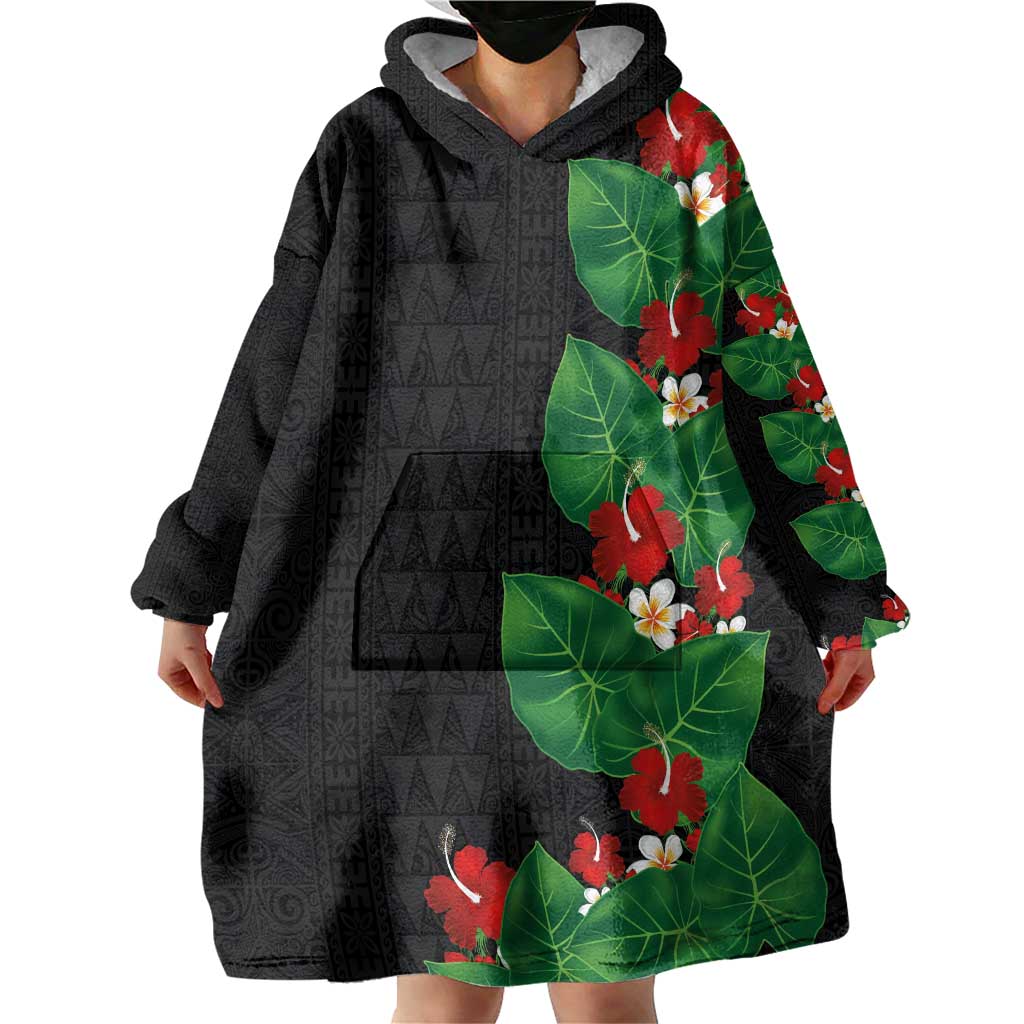 Hawaiian Taro Leaves-Hibiscus and Plumeria Wearable Blanket Hoodie Polynesian Art-Kakau Tattoo Black LT03 - Polynesian Pride