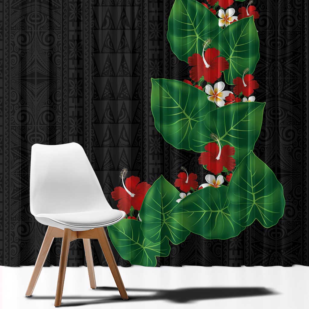 Hawaiian Taro Leaves-Hibiscus and Plumeria Window Curtain Polynesian Art-Kakau Tattoo Black LT03 - Polynesian Pride