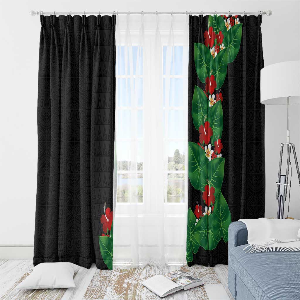 Hawaiian Taro Leaves-Hibiscus and Plumeria Window Curtain Polynesian Art-Kakau Tattoo Black LT03 - Polynesian Pride