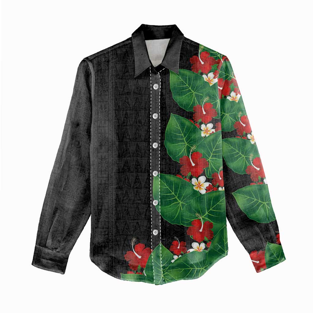Hawaiian Taro Leaves-Hibiscus and Plumeria Women Casual Shirt Polynesian Art-Kakau Tattoo Black LT03 - Polynesian Pride