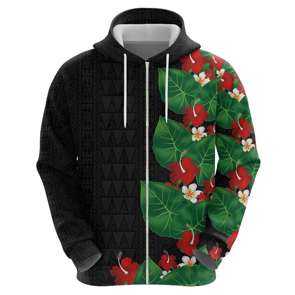 Hawaiian Taro Leaves-Hibiscus and Plumeria Zip Hoodie Polynesian Art-Kakau Tattoo Black LT03 - Polynesian Pride