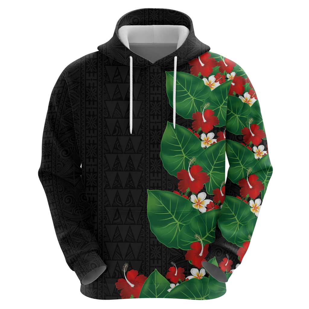 Hawaiian Taro Leaves-Hibiscus and Plumeria Zip Hoodie Polynesian Art-Kakau Tattoo Black LT03 - Polynesian Pride