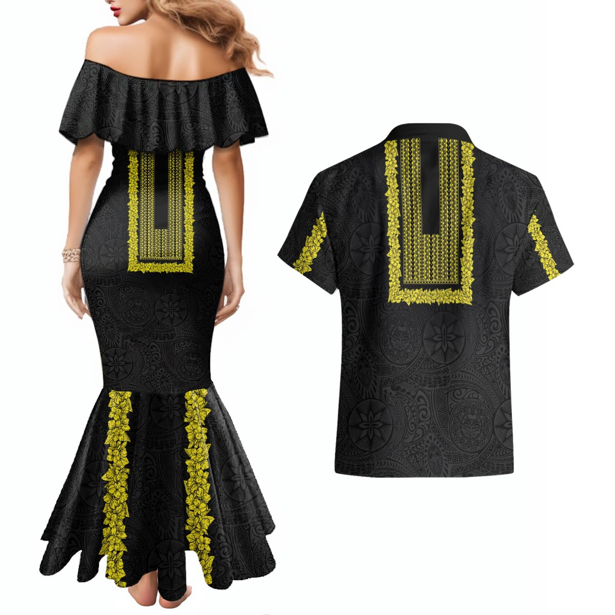 Philippines Polynesian Jasmine Pattern Couples Matching Mermaid Dress and Hawaiian Shirt With Barong Tagalog Black Style