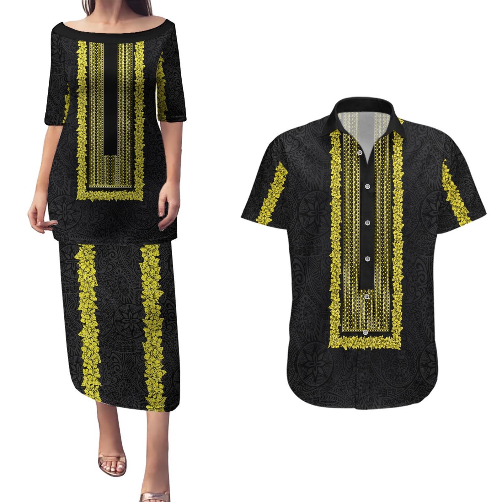 Philippines Polynesian Jasmine Pattern Couples Matching Puletasi and Hawaiian Shirt With Barong Tagalog Black Style
