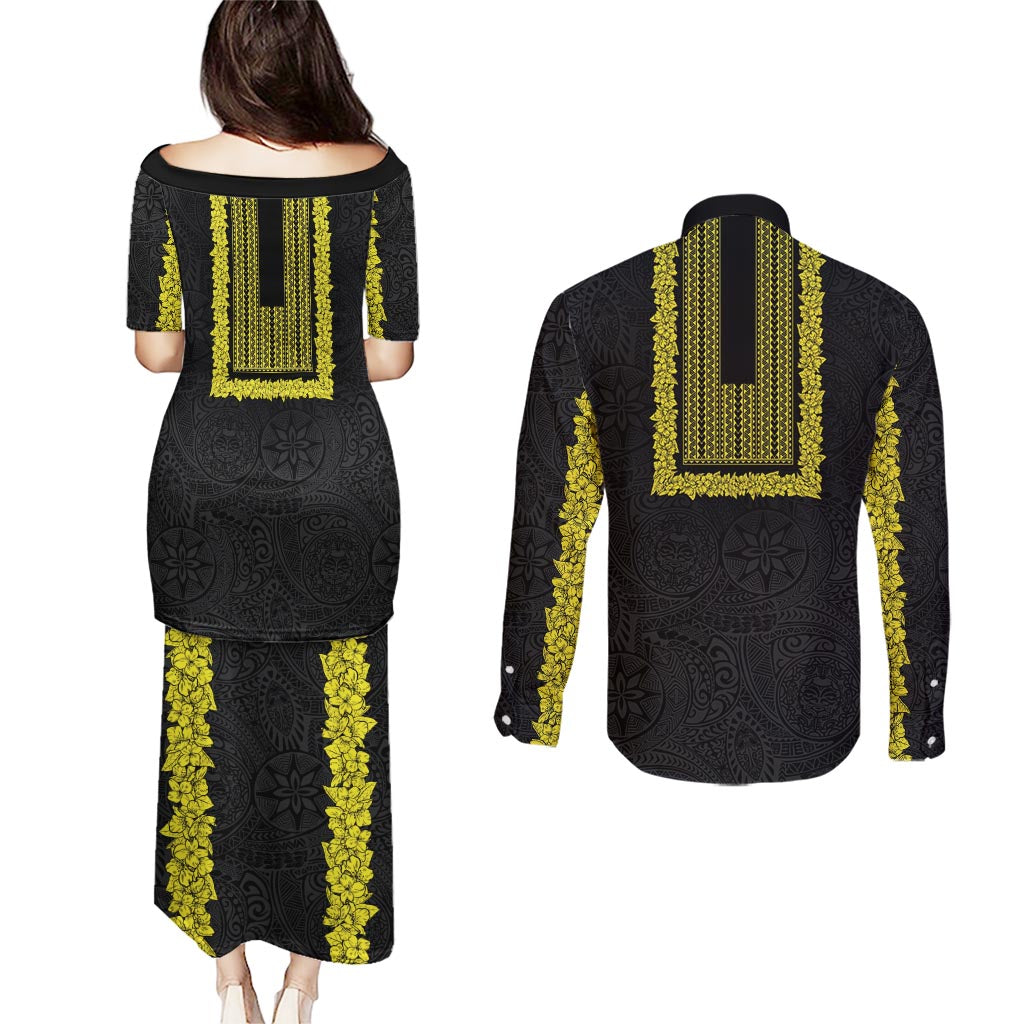Philippines Polynesian Jasmine Pattern Couples Matching Puletasi and Long Sleeve Button Shirt With Barong Tagalog Black Style