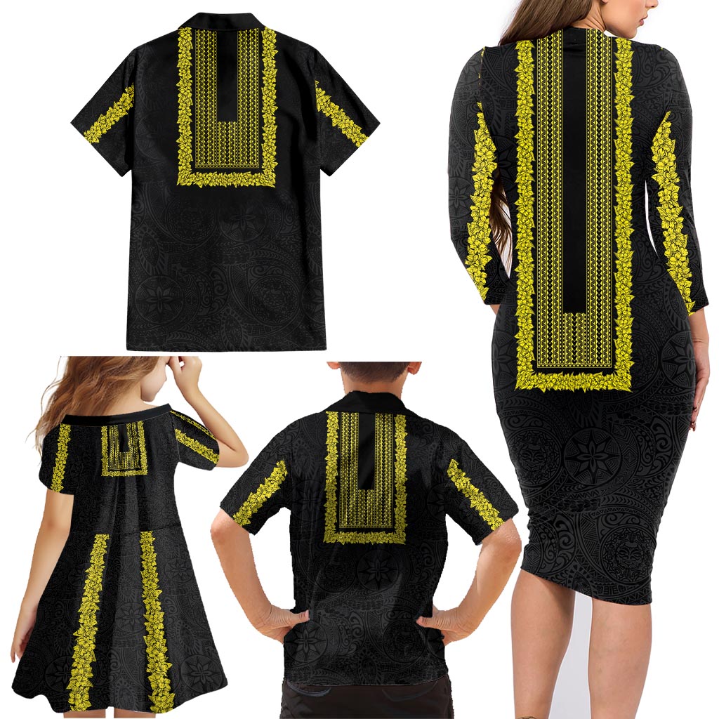 Philippines Polynesian Jasmine Pattern Family Matching Long Sleeve Bodycon Dress and Hawaiian Shirt With Barong Tagalog Black Style LT03 - Polynesian Pride