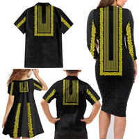 Philippines Polynesian Jasmine Pattern Family Matching Long Sleeve Bodycon Dress and Hawaiian Shirt With Barong Tagalog Black Style LT03 - Polynesian Pride