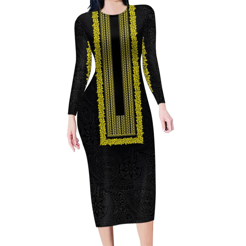 Philippines Polynesian Jasmine Pattern Family Matching Long Sleeve Bodycon Dress and Hawaiian Shirt With Barong Tagalog Black Style LT03 Mom's Dress Black - Polynesian Pride