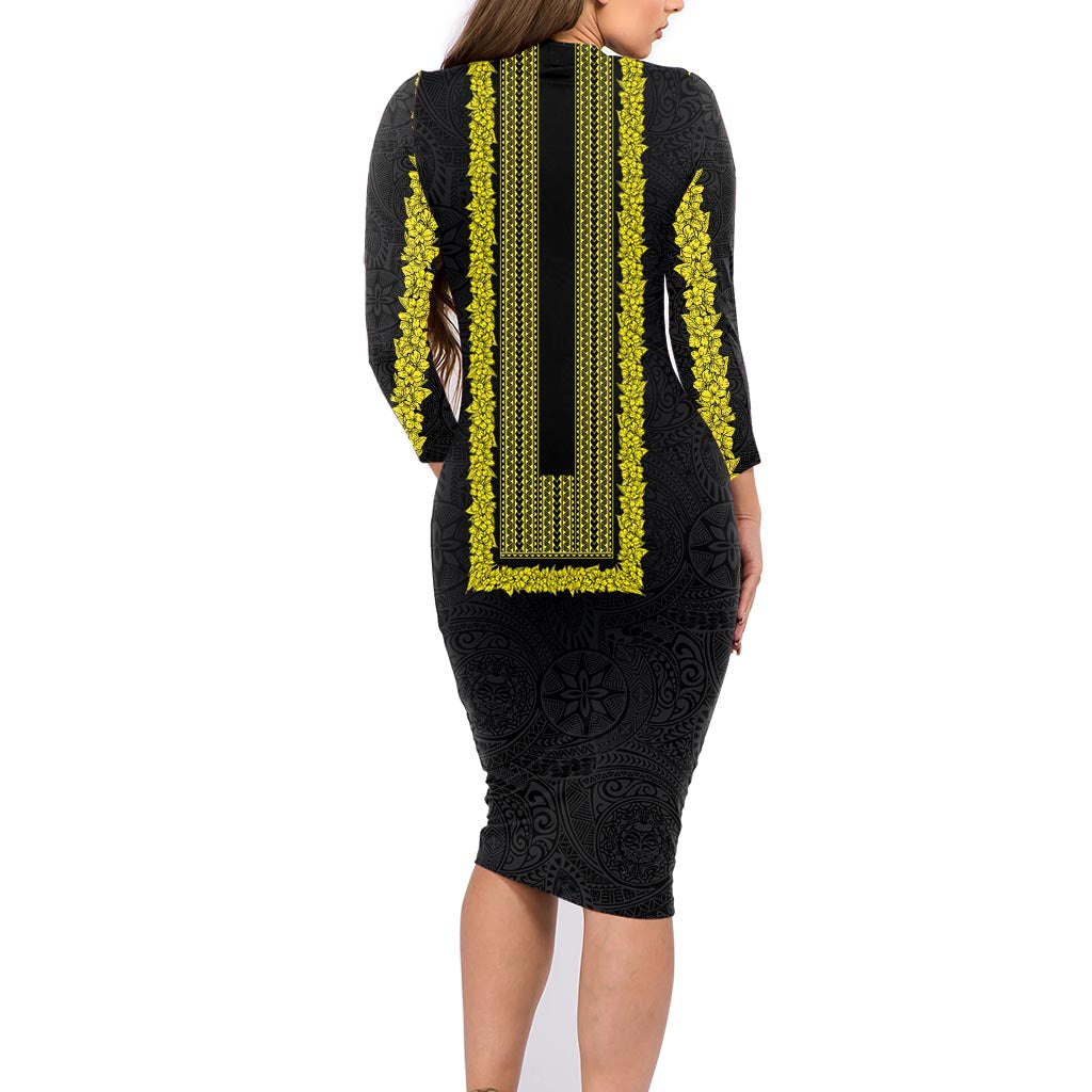 Philippines Polynesian Jasmine Pattern Family Matching Long Sleeve Bodycon Dress and Hawaiian Shirt With Barong Tagalog Black Style LT03 - Polynesian Pride