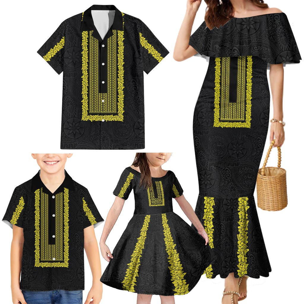 Philippines Polynesian Jasmine Pattern Family Matching Mermaid Dress and Hawaiian Shirt With Barong Tagalog Black Style LT03 - Polynesian Pride