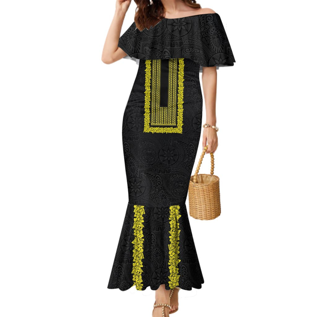 Philippines Polynesian Jasmine Pattern Family Matching Mermaid Dress and Hawaiian Shirt With Barong Tagalog Black Style LT03 Mom's Dress Black - Polynesian Pride