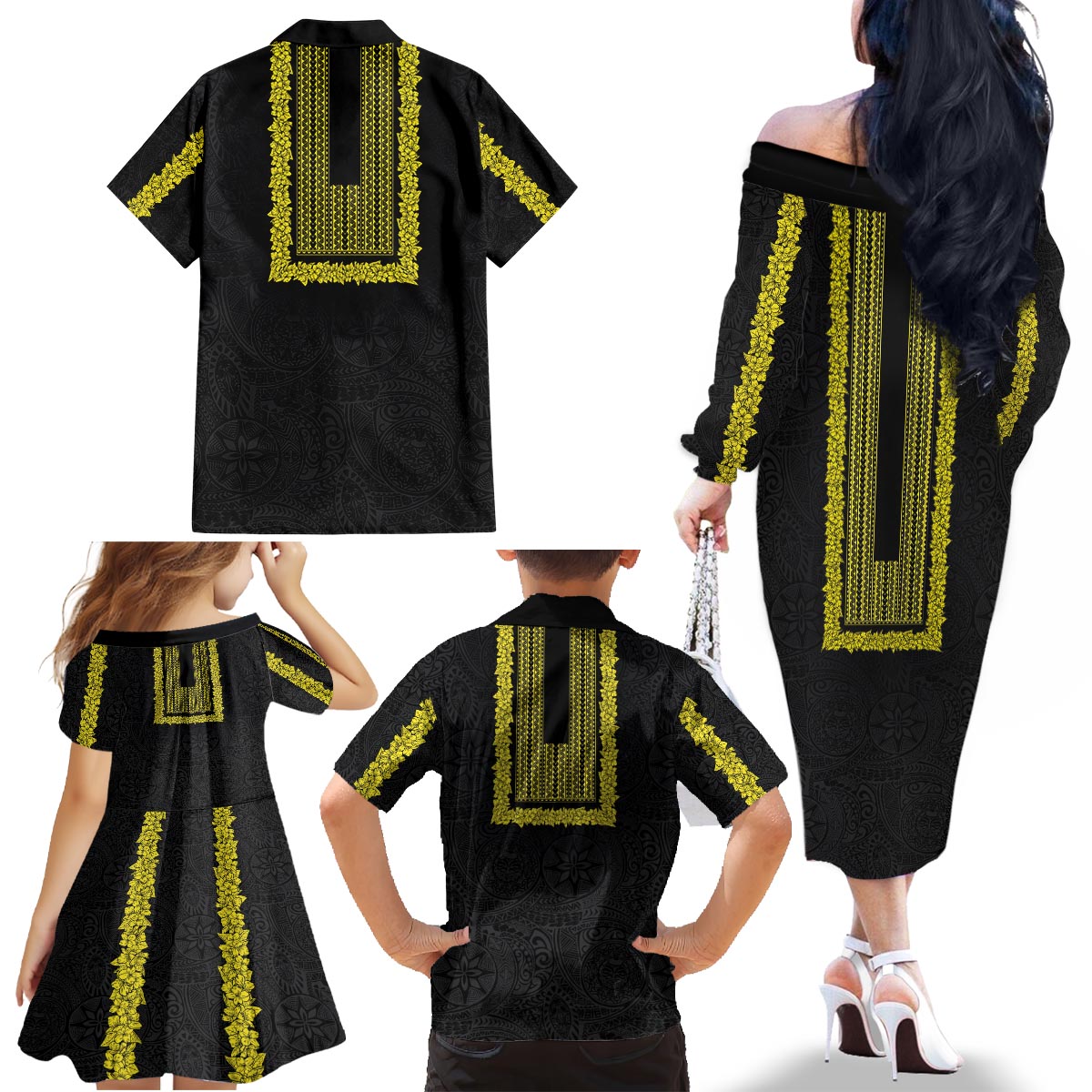 Philippines Polynesian Jasmine Pattern Family Matching Off The Shoulder Long Sleeve Dress and Hawaiian Shirt With Barong Tagalog Black Style LT03 - Polynesian Pride