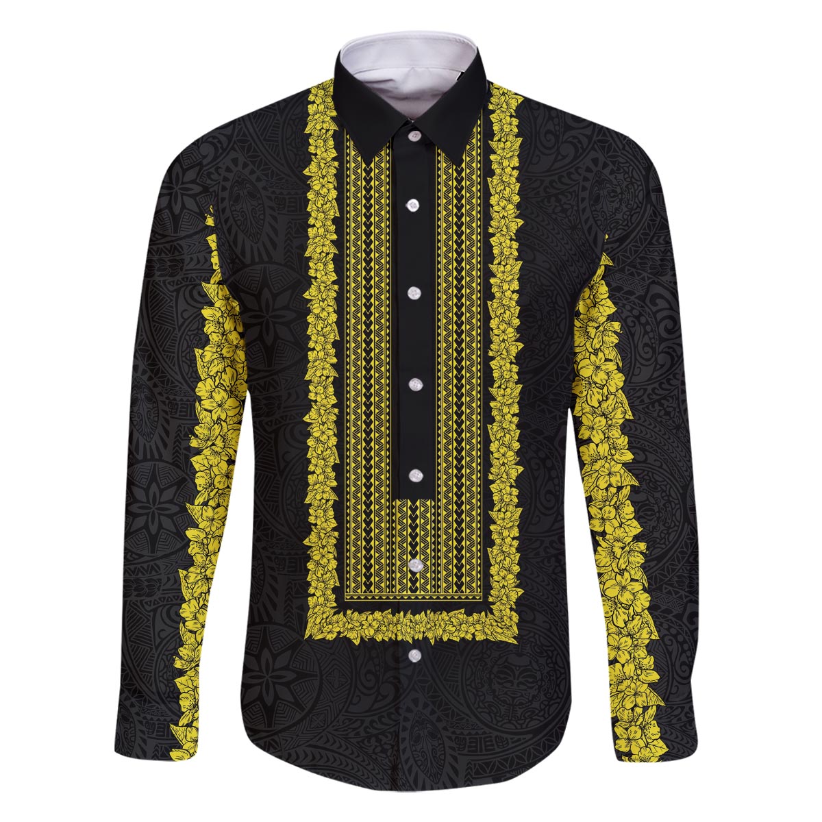 Philippines Polynesian Jasmine Pattern Family Matching Off The Shoulder Long Sleeve Dress and Hawaiian Shirt With Barong Tagalog Black Style LT03 Dad's Shirt - Long Sleeve Black - Polynesian Pride