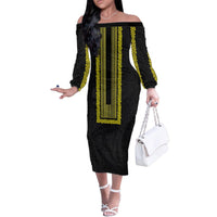 Philippines Polynesian Jasmine Pattern Family Matching Off The Shoulder Long Sleeve Dress and Hawaiian Shirt With Barong Tagalog Black Style LT03 Mom's Dress Black - Polynesian Pride