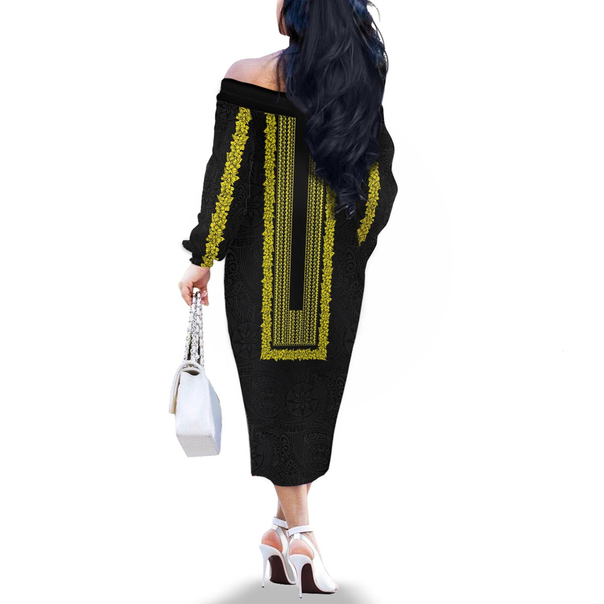 Philippines Polynesian Jasmine Pattern Family Matching Off The Shoulder Long Sleeve Dress and Hawaiian Shirt With Barong Tagalog Black Style LT03 - Polynesian Pride