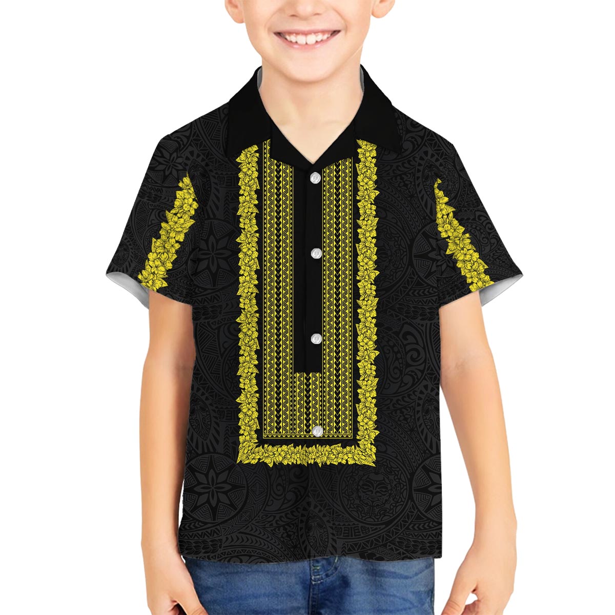 Philippines Polynesian Jasmine Pattern Family Matching Off The Shoulder Long Sleeve Dress and Hawaiian Shirt With Barong Tagalog Black Style LT03 Son's Shirt Black - Polynesian Pride