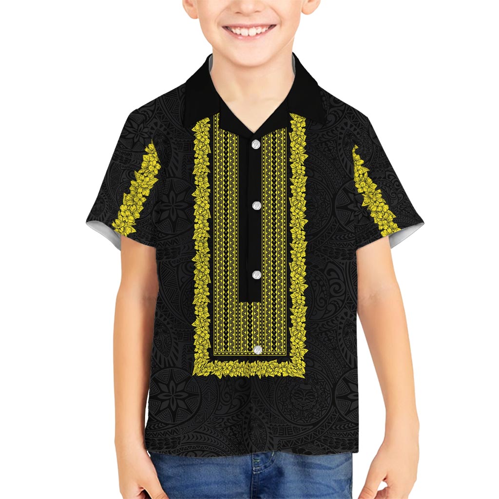Philippines Polynesian Jasmine Pattern Family Matching Off Shoulder Maxi Dress and Hawaiian Shirt With Barong Tagalog Black Style