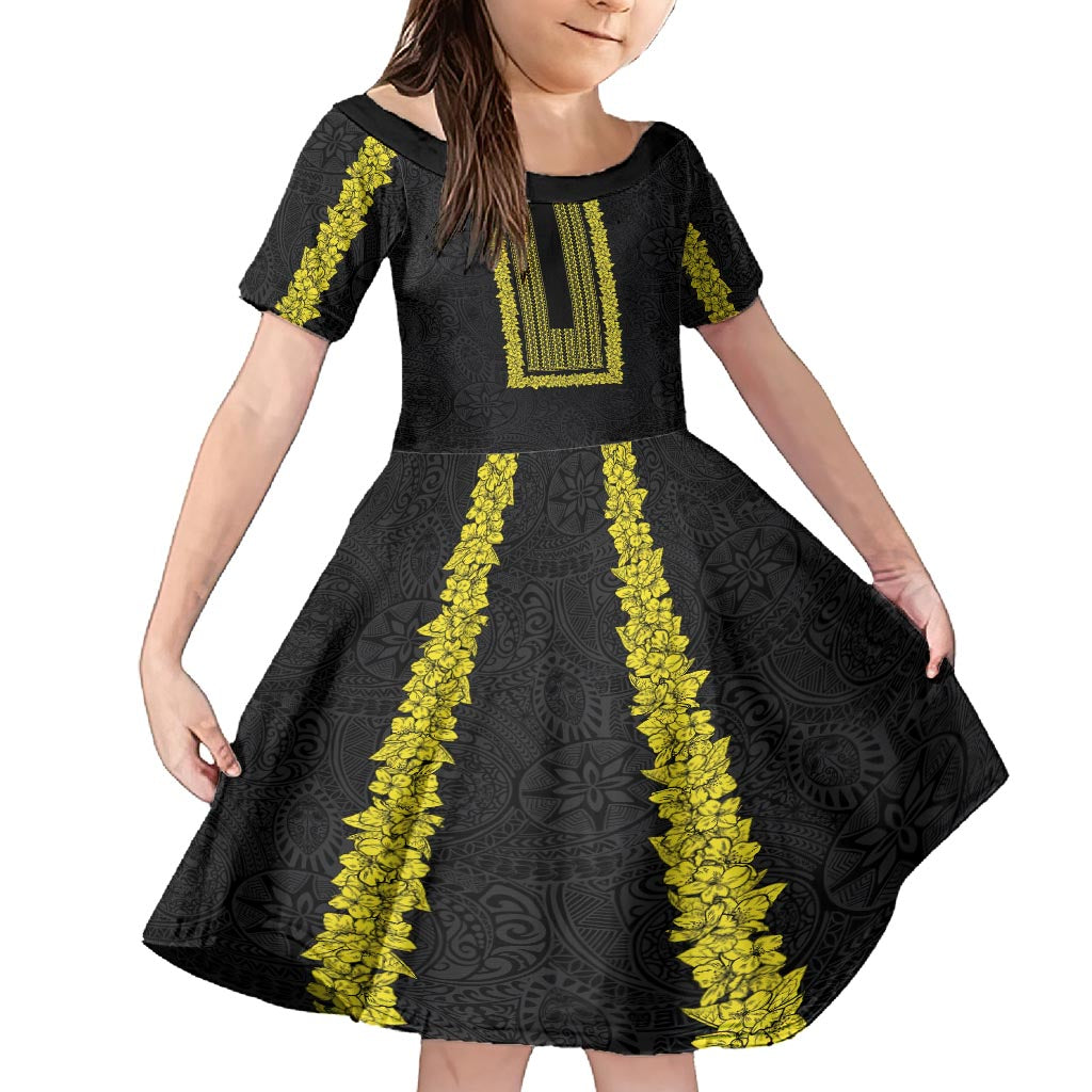 Philippines Polynesian Jasmine Pattern Family Matching Off Shoulder Short Dress and Hawaiian Shirt With Barong Tagalog Black Style LT03 Daughter's Dress Black - Polynesian Pride