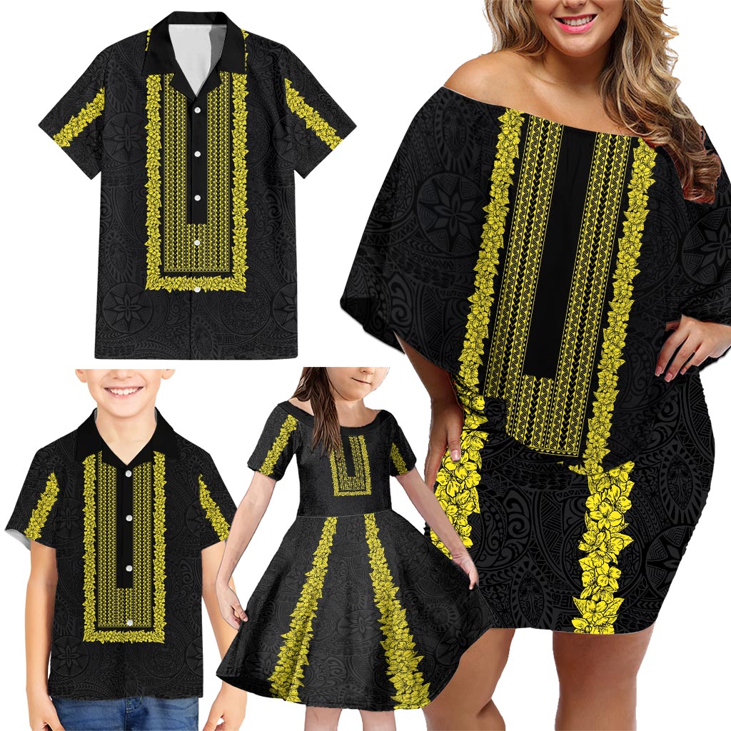 Philippines Polynesian Jasmine Pattern Family Matching Off Shoulder Short Dress and Hawaiian Shirt With Barong Tagalog Black Style LT03 - Polynesian Pride