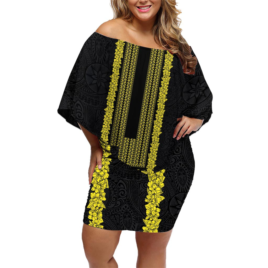 Philippines Polynesian Jasmine Pattern Family Matching Off Shoulder Short Dress and Hawaiian Shirt With Barong Tagalog Black Style LT03 Mom's Dress Black - Polynesian Pride