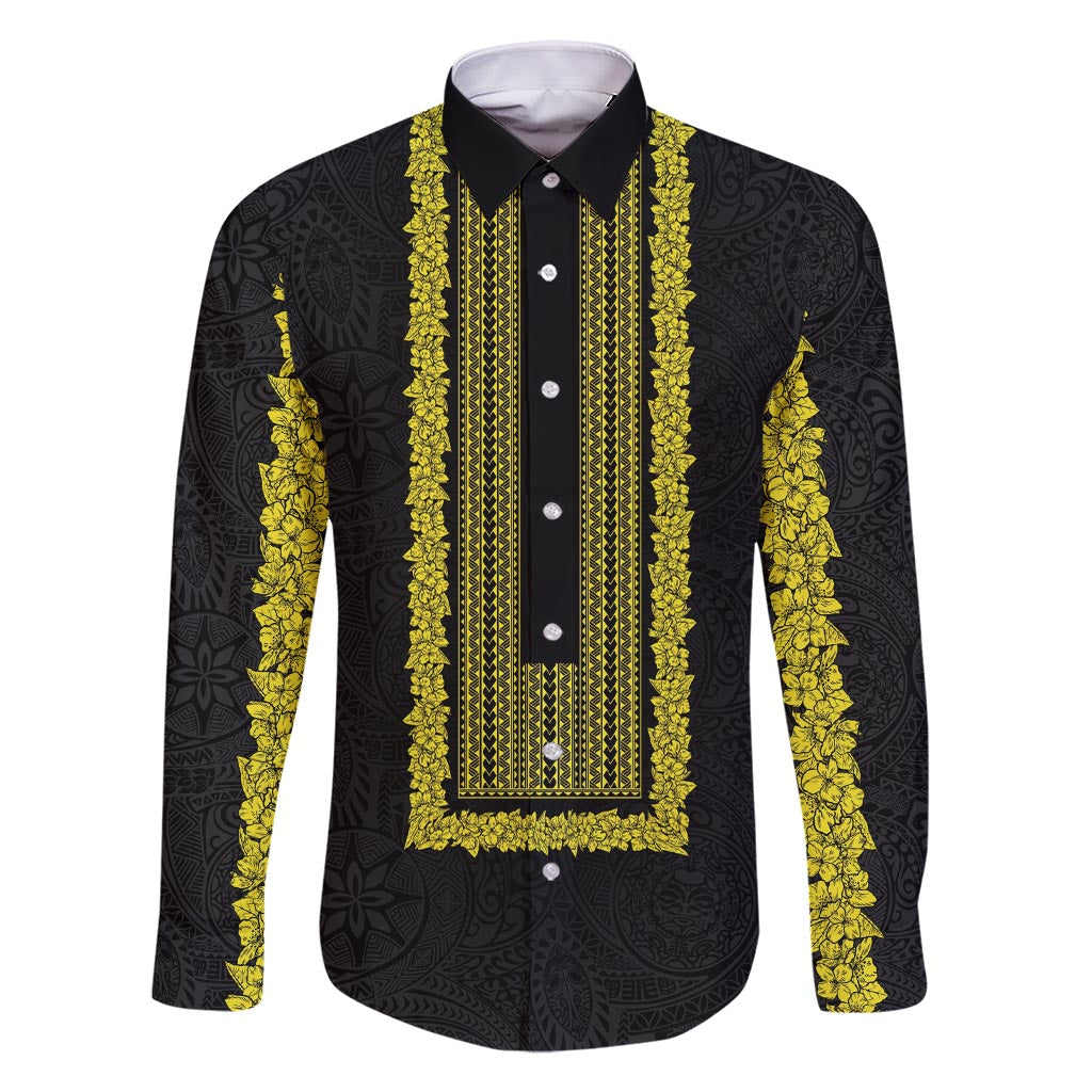 Philippines Polynesian Jasmine Pattern Family Matching Short Sleeve Bodycon Dress and Hawaiian Shirt With Barong Tagalog Black Style LT03 Dad's Shirt - Long Sleeve Black - Polynesian Pride