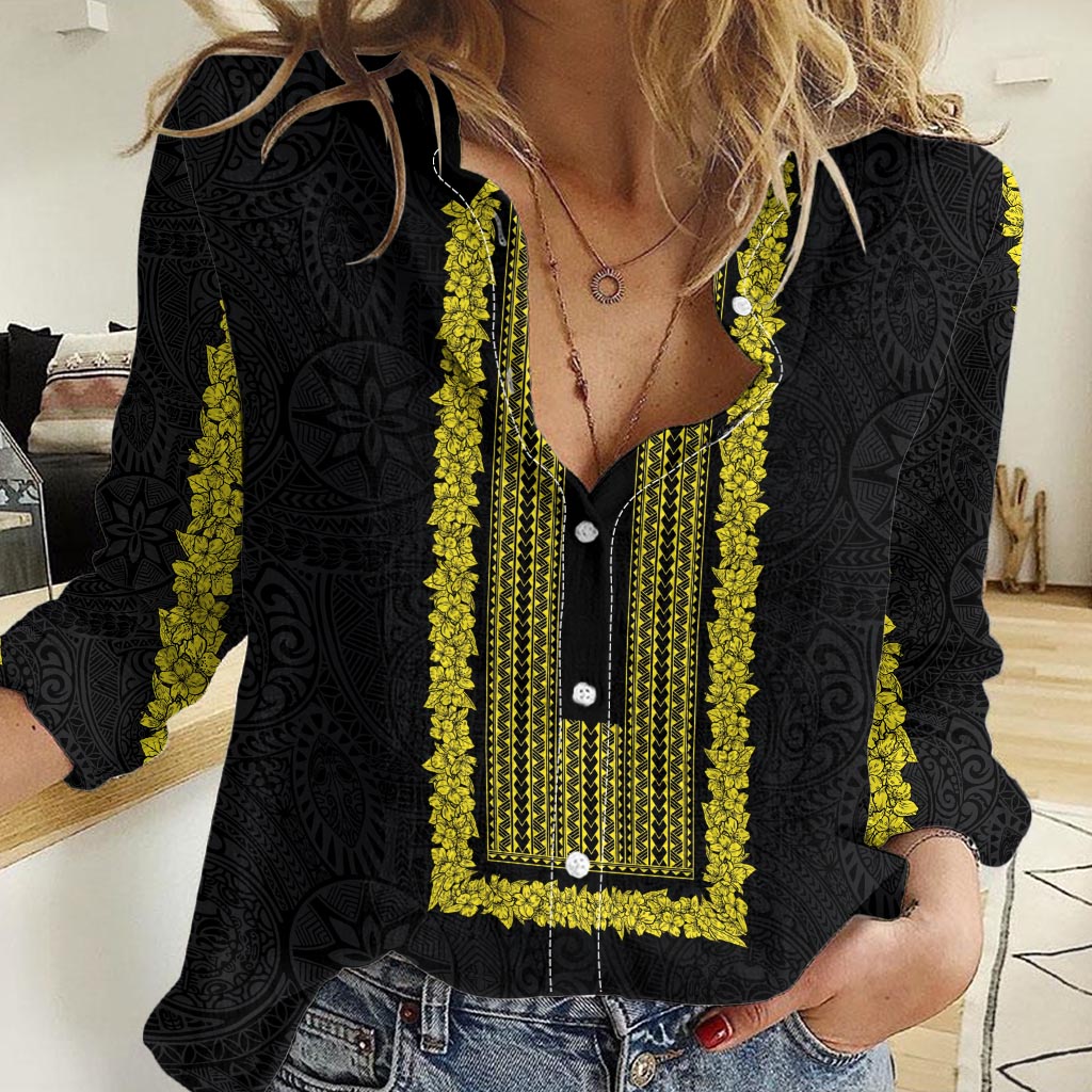Philippines Polynesian Jasmine Pattern Women Casual Shirt With Barong Tagalog Black Style LT03 Female Black - Polynesian Pride