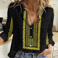 Philippines Polynesian Jasmine Pattern Women Casual Shirt With Barong Tagalog Black Style LT03 Female Black - Polynesian Pride