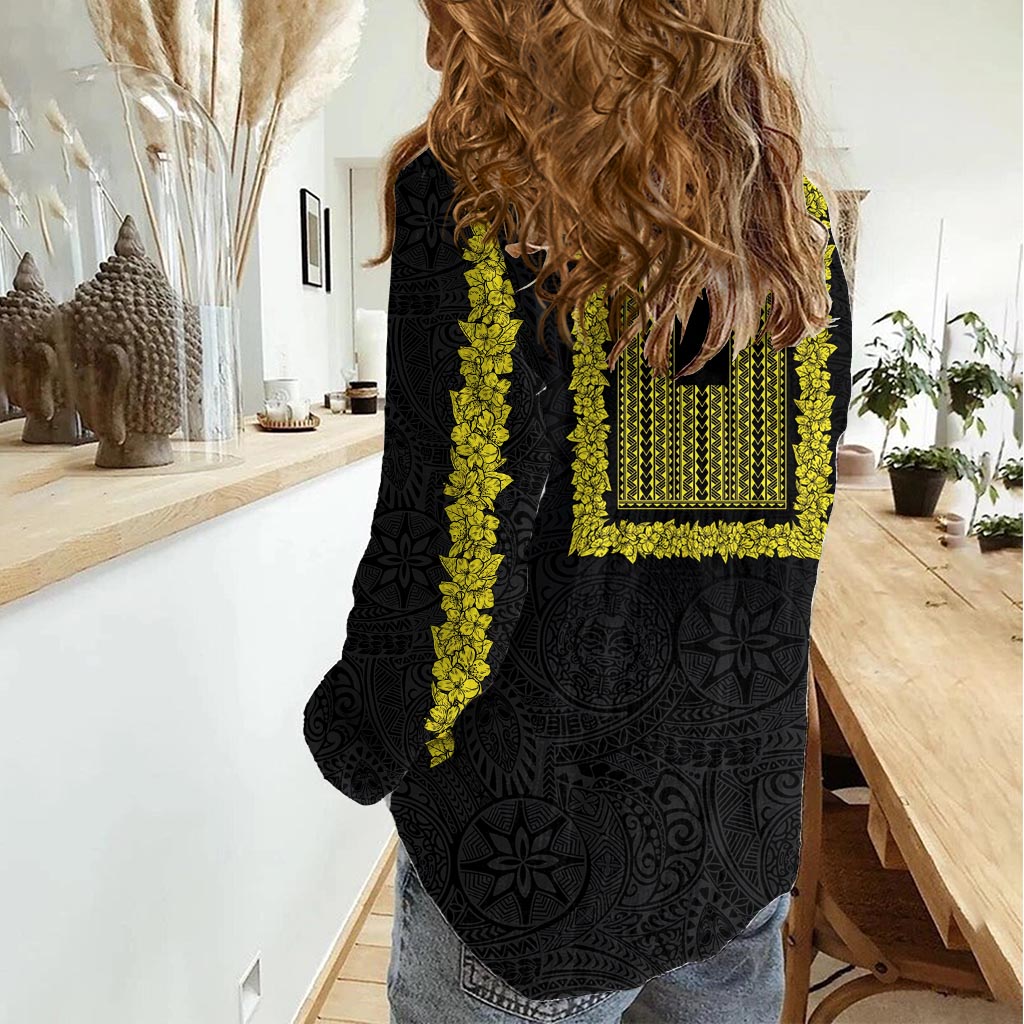 Philippines Polynesian Jasmine Pattern Women Casual Shirt With Barong Tagalog Black Style LT03 - Polynesian Pride