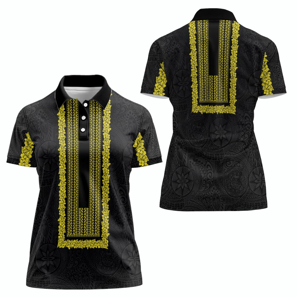 Philippines Polynesian Jasmine Pattern Women Polo Shirt With Barong Tagalog Black Style LT03 - Polynesian Pride