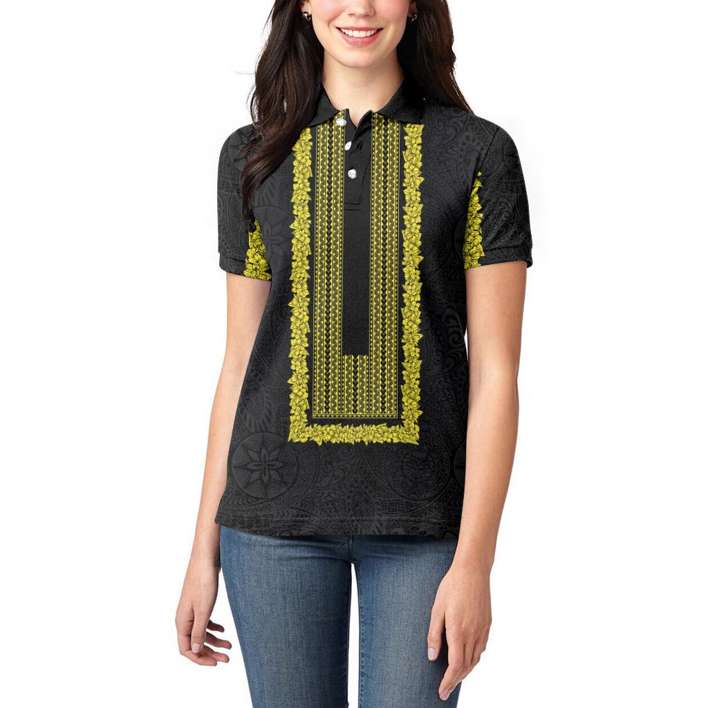 Philippines Polynesian Jasmine Pattern Women Polo Shirt With Barong Tagalog Black Style LT03 - Polynesian Pride