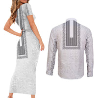 Philippines Polynesian Jasmine Pattern Couples Matching Short Sleeve Bodycon Dress and Long Sleeve Button Shirt With Barong Tagalog White Style LT03 - Polynesian Pride