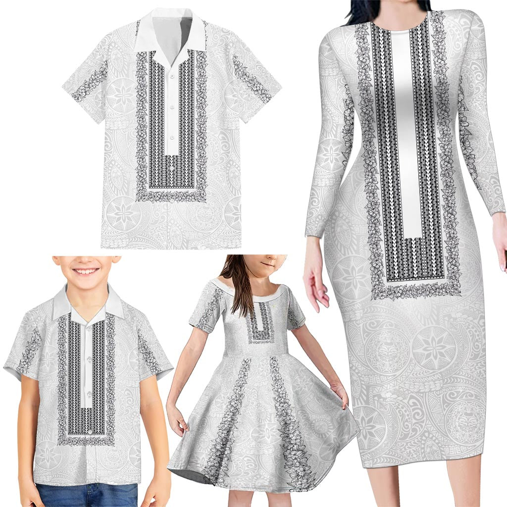 Philippines Polynesian Jasmine Pattern Family Matching Long Sleeve Bodycon Dress and Hawaiian Shirt With Barong Tagalog White Style LT03 - Polynesian Pride