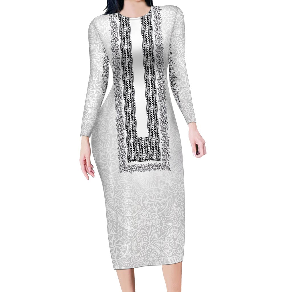 Philippines Polynesian Jasmine Pattern Family Matching Long Sleeve Bodycon Dress and Hawaiian Shirt With Barong Tagalog White Style LT03 Mom's Dress White - Polynesian Pride