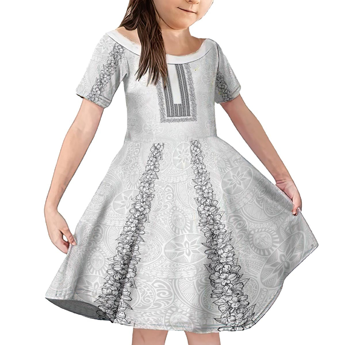 Philippines Polynesian Jasmine Pattern Family Matching Off The Shoulder Long Sleeve Dress and Hawaiian Shirt With Barong Tagalog White Style LT03 Daughter's Dress White - Polynesian Pride