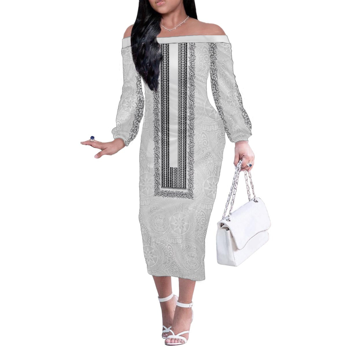 Philippines Polynesian Jasmine Pattern Family Matching Off The Shoulder Long Sleeve Dress and Hawaiian Shirt With Barong Tagalog White Style LT03 Mom's Dress White - Polynesian Pride