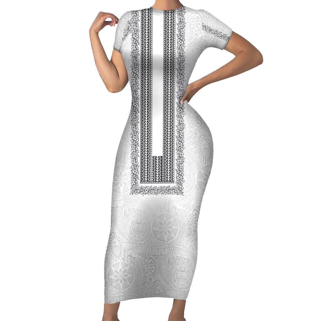 Philippines Polynesian Jasmine Pattern Family Matching Short Sleeve Bodycon Dress and Hawaiian Shirt With Barong Tagalog White Style LT03 Mom's Dress White - Polynesian Pride