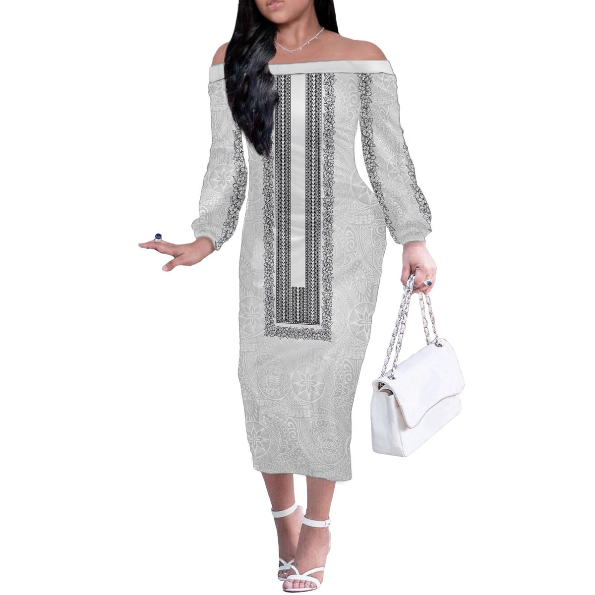 Philippines Polynesian Jasmine Pattern Off The Shoulder Long Sleeve Dress With Barong Tagalog White Style LT03 Women White - Polynesian Pride