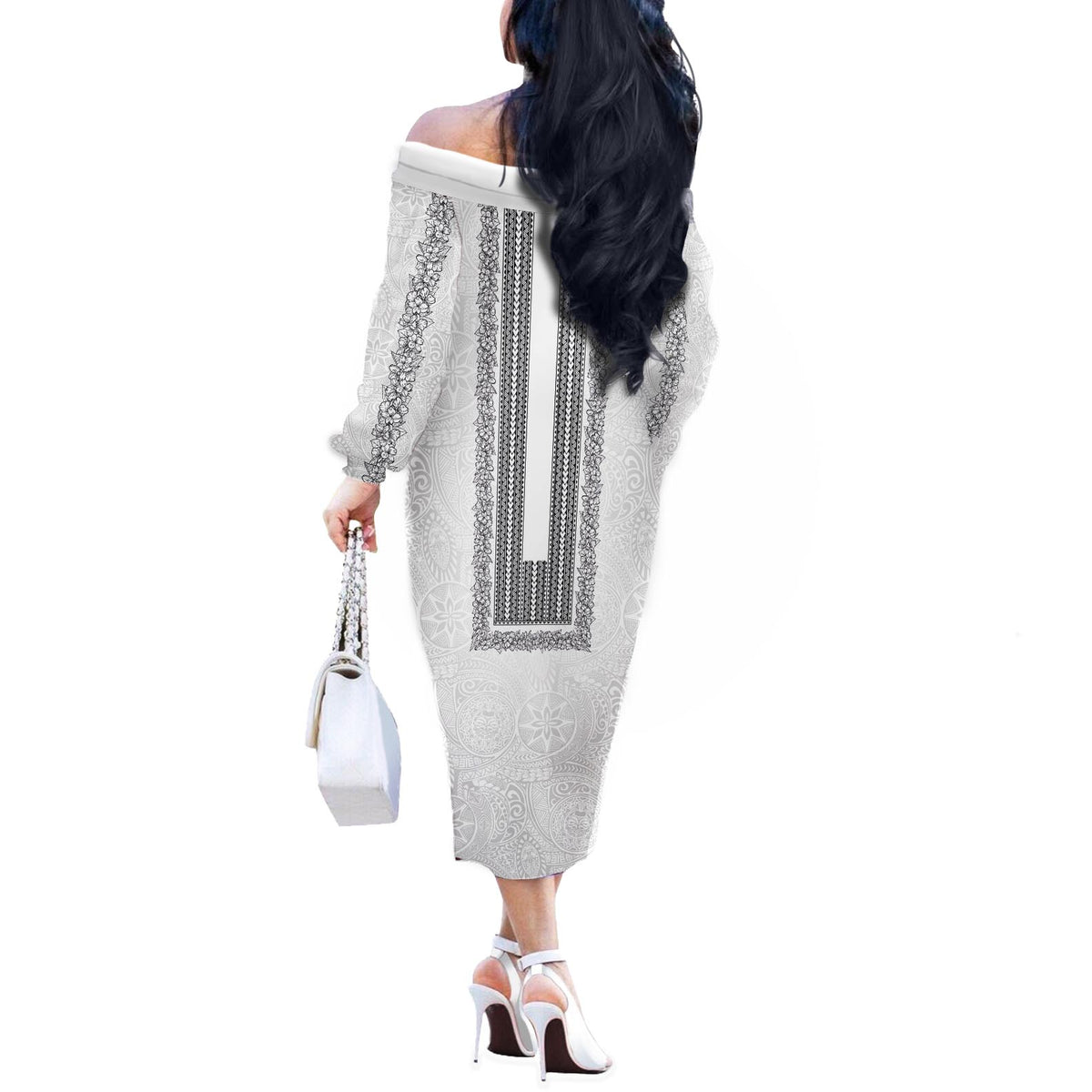 Philippines Polynesian Jasmine Pattern Off The Shoulder Long Sleeve Dress With Barong Tagalog White Style LT03 - Polynesian Pride