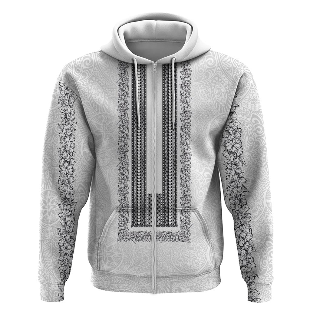 Philippines Polynesian Jasmine Pattern Zip Hoodie With Barong Tagalog White Style LT03 Zip Hoodie White - Polynesian Pride