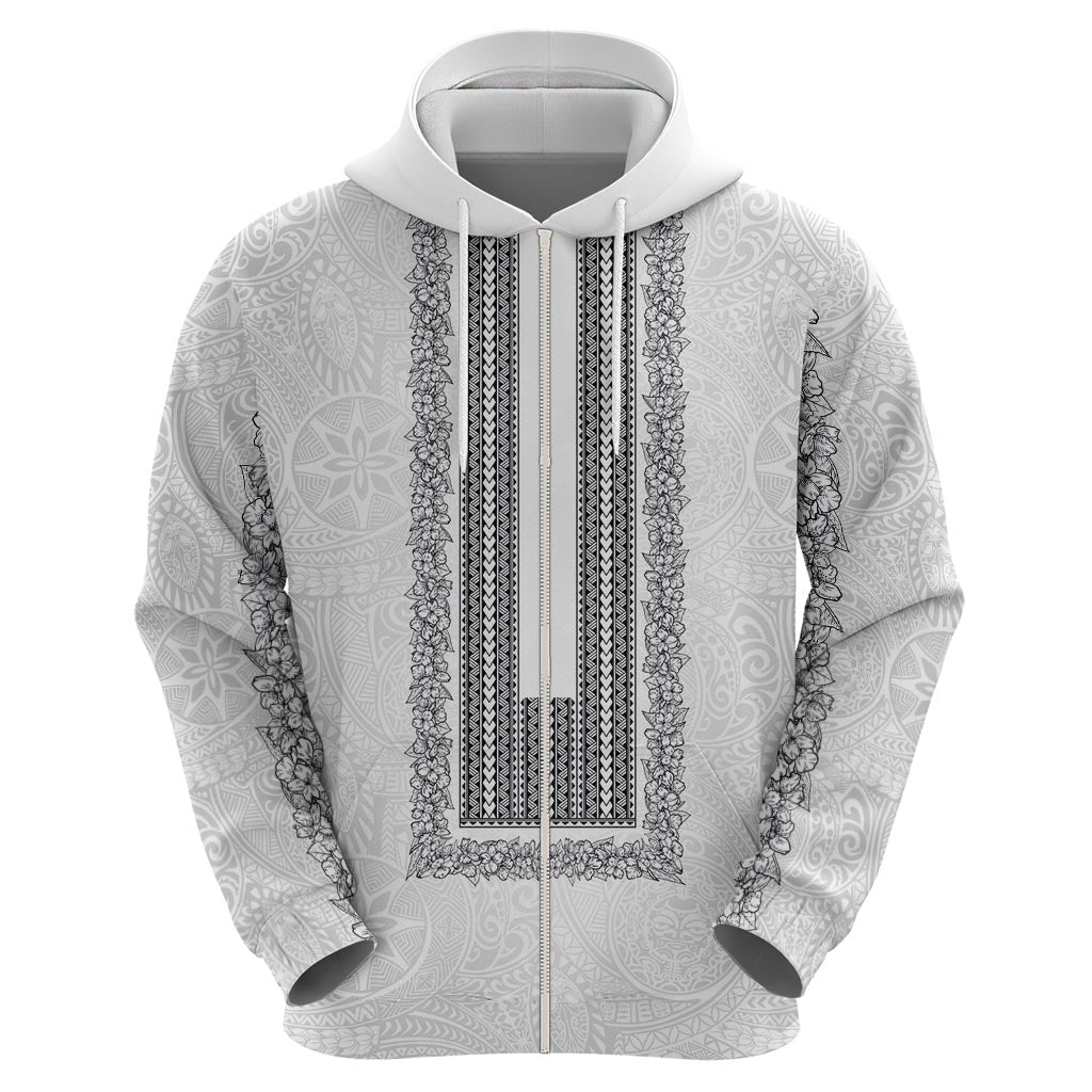 Philippines Polynesian Jasmine Pattern Zip Hoodie With Barong Tagalog White Style LT03 - Polynesian Pride