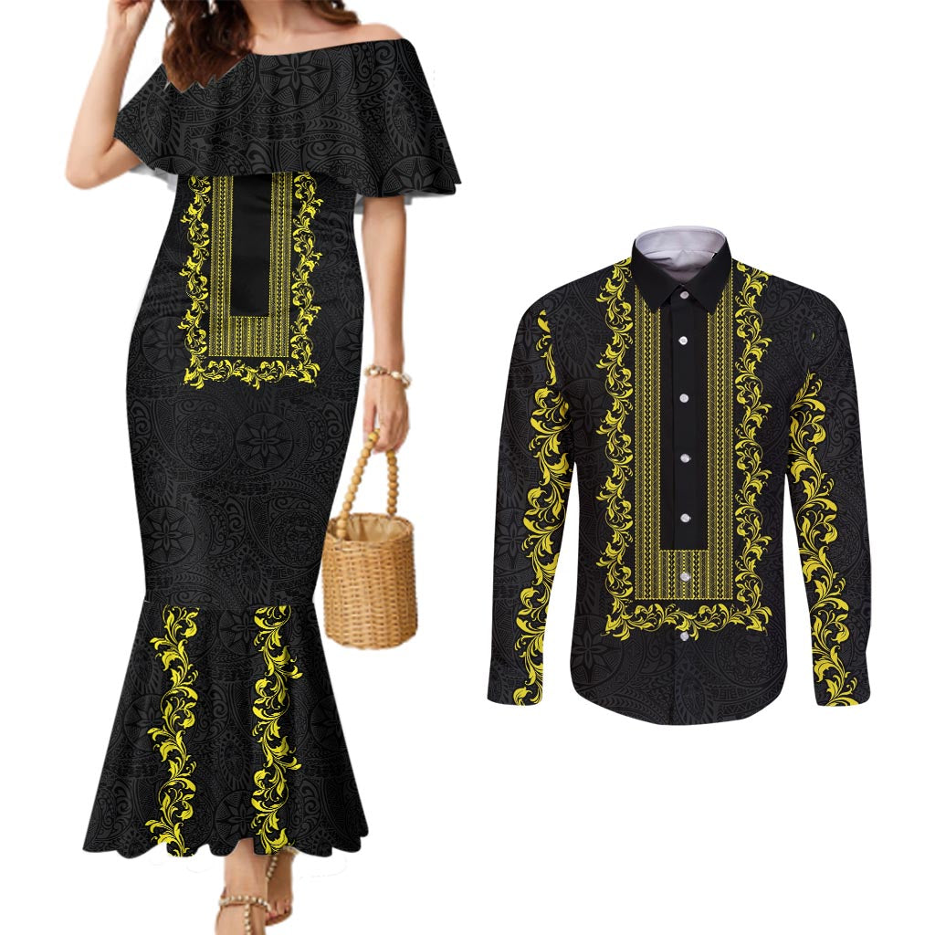 Philippines Polynesian Floral Pattern Couples Matching Mermaid Dress and Long Sleeve Button Shirt With Barong Tagalog Black Style LT03 Black - Polynesian Pride