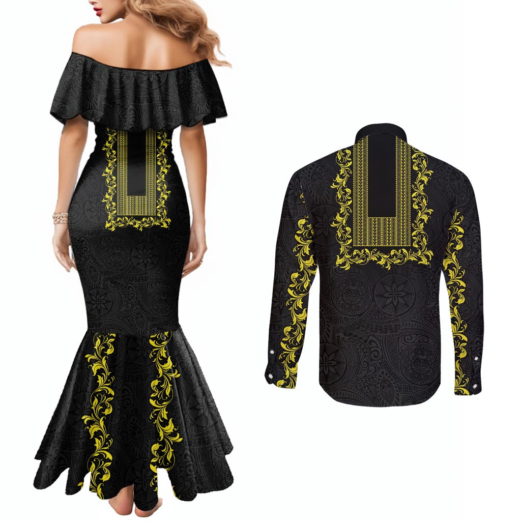Philippines Polynesian Floral Pattern Couples Matching Mermaid Dress and Long Sleeve Button Shirt With Barong Tagalog Black Style LT03 - Polynesian Pride