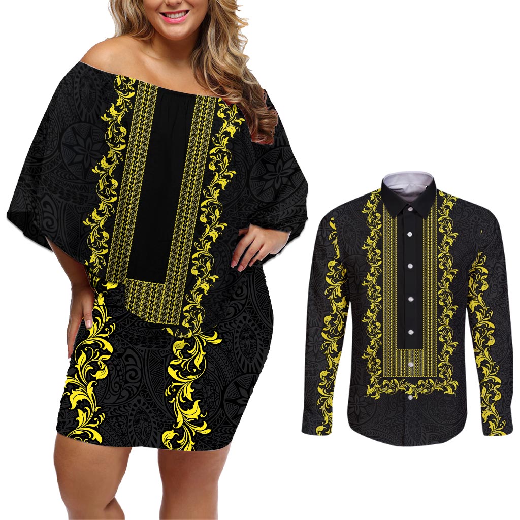 Philippines Polynesian Floral Pattern Couples Matching Off Shoulder Short Dress and Long Sleeve Button Shirt With Barong Tagalog Black Style LT03 Black - Polynesian Pride