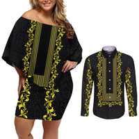 Philippines Polynesian Floral Pattern Couples Matching Off Shoulder Short Dress and Long Sleeve Button Shirt With Barong Tagalog Black Style LT03 Black - Polynesian Pride