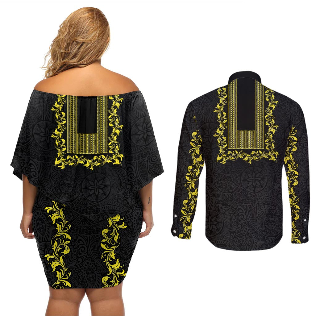 Philippines Polynesian Floral Pattern Couples Matching Off Shoulder Short Dress and Long Sleeve Button Shirt With Barong Tagalog Black Style LT03 - Polynesian Pride