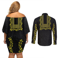 Philippines Polynesian Floral Pattern Couples Matching Off Shoulder Short Dress and Long Sleeve Button Shirt With Barong Tagalog Black Style LT03 - Polynesian Pride