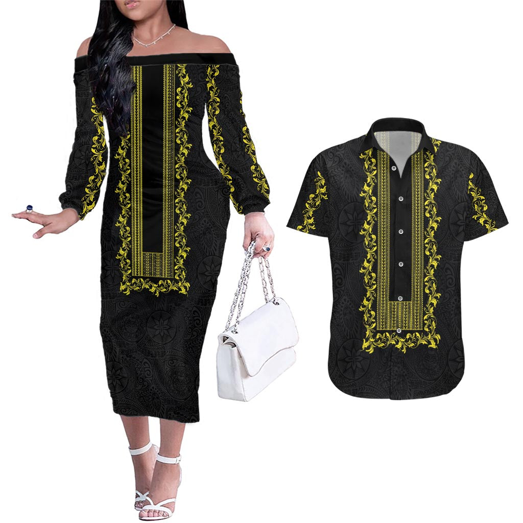 Philippines Polynesian Floral Pattern Couples Matching Off The Shoulder Long Sleeve Dress and Hawaiian Shirt With Barong Tagalog Black Style LT03 Black - Polynesian Pride