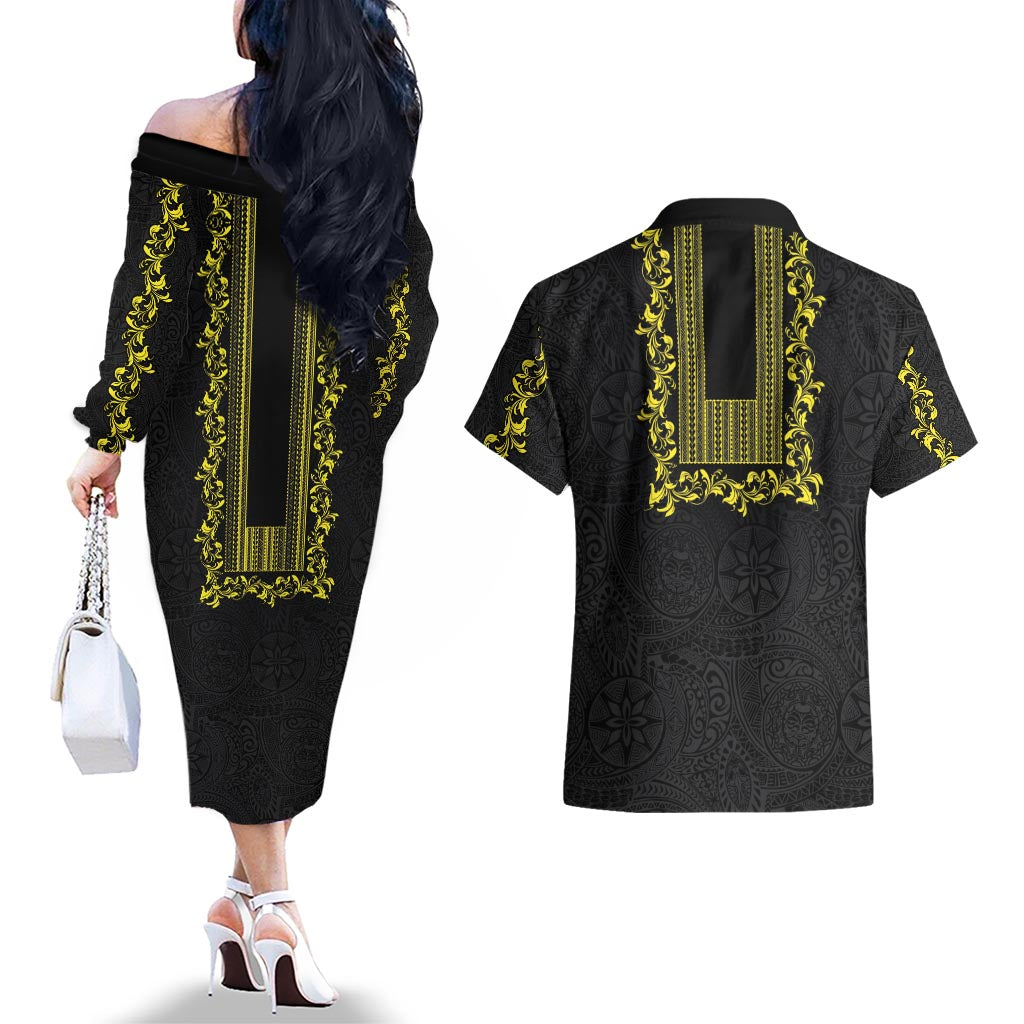 Philippines Polynesian Floral Pattern Couples Matching Off The Shoulder Long Sleeve Dress and Hawaiian Shirt With Barong Tagalog Black Style LT03 - Polynesian Pride